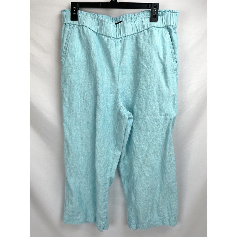 Talbots Pants LARGE Aqua Blue Nantucket Pull-On Wide Leg Crop 100% Linen Beachy